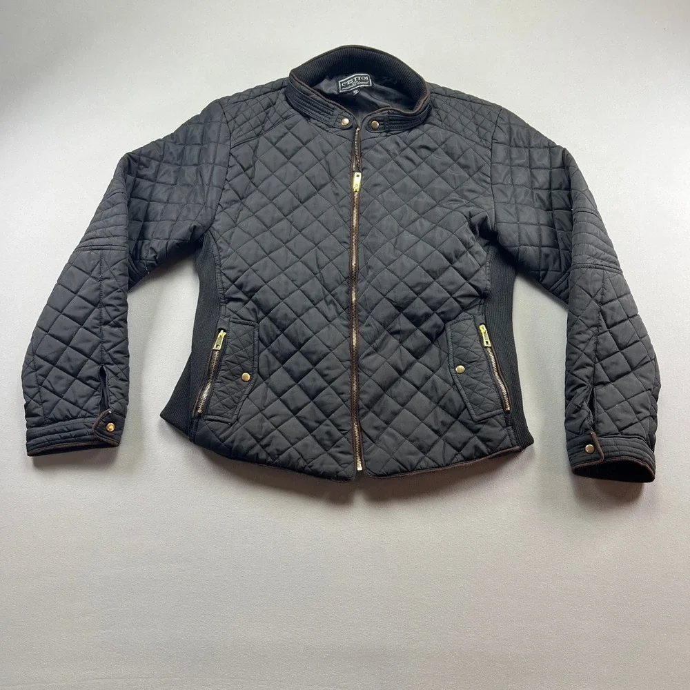 C'EST TOI Bomber Jacket Womens 2XL Black Lined Quilted Ribbed Insulated Full Zip